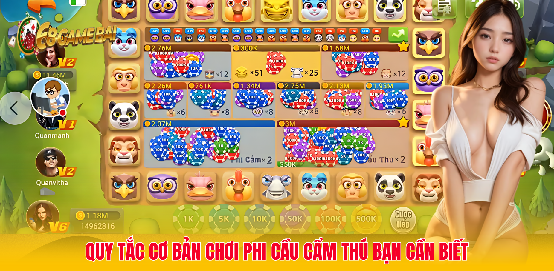 Phi cầm tẩu thú - Hướng dẫn luật và cách chơi trên 68 Game Bài 2 Tựa game có 4 mức cược từ 1k đến 500k phù hợp với tài chính của mọi người chơi